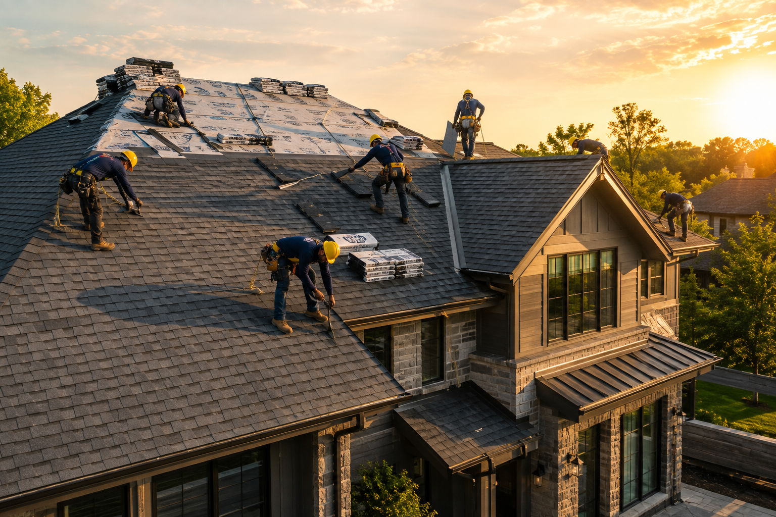 Master roofing contractors installing premium architectural shingles on a residential roof.