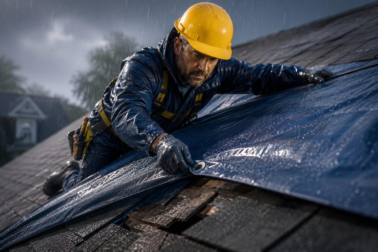 Professional roofing contractor securing heavy-duty waterproof emergency tarping during a heavy storm.
