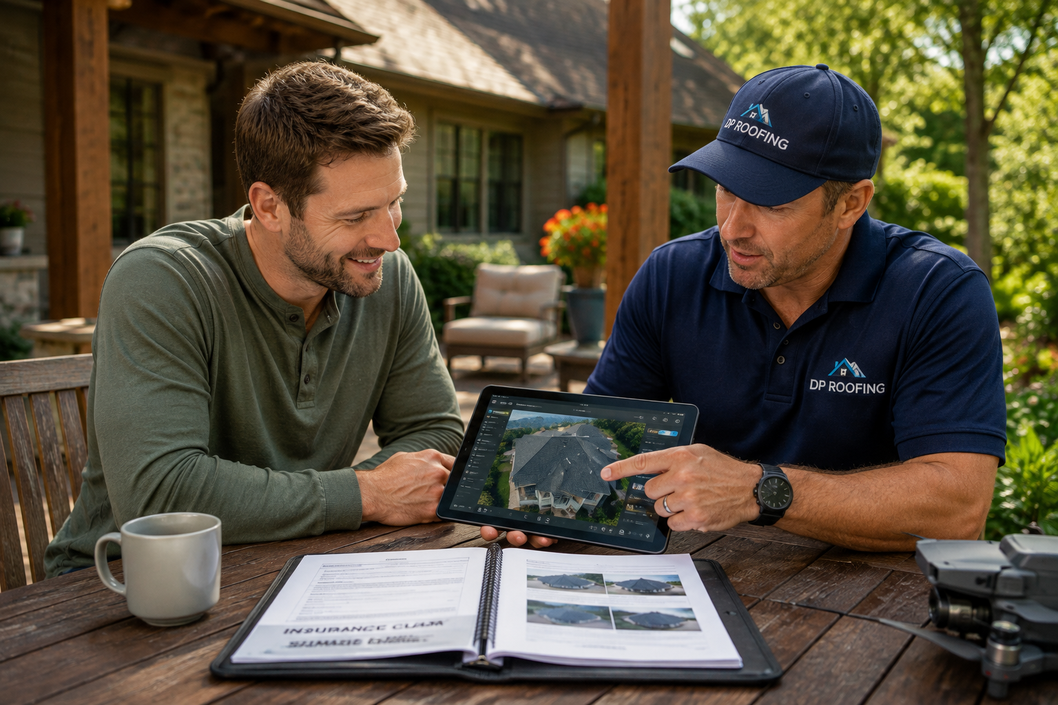 Certified roofing specialist reviewing drone inspection logs and insurance claim paperwork with a homeowner.
