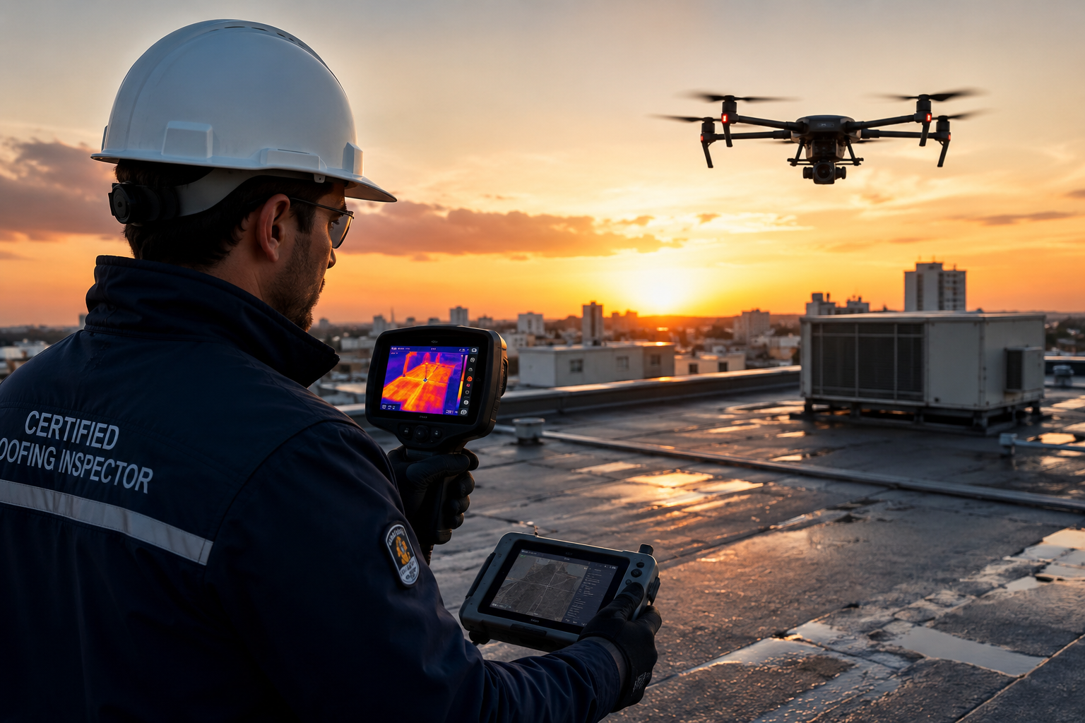 Certified roofing inspector conducting thermal scans and aerial diagnostics prior to emergency roof repair services.